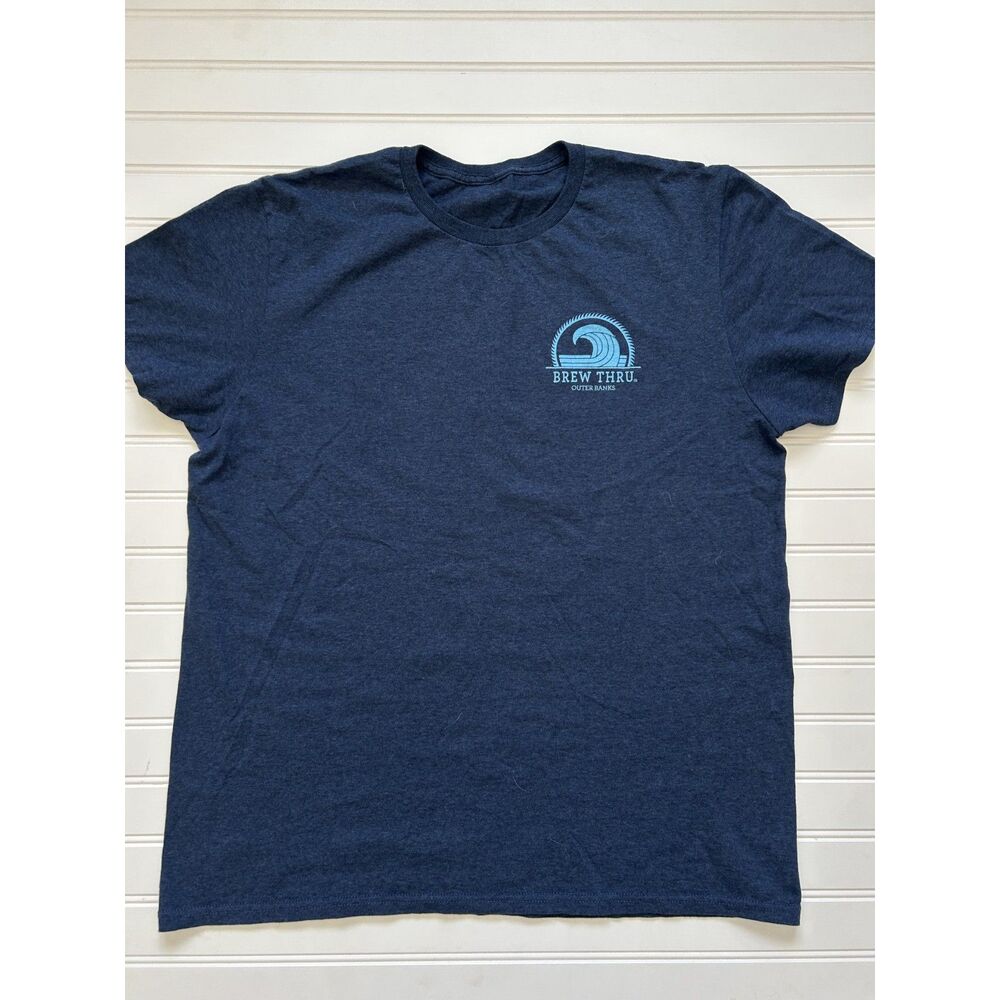 Brew Thru Outer Banks T-Shirt Navy Blue Graphic Tee Coastal Beach Size M